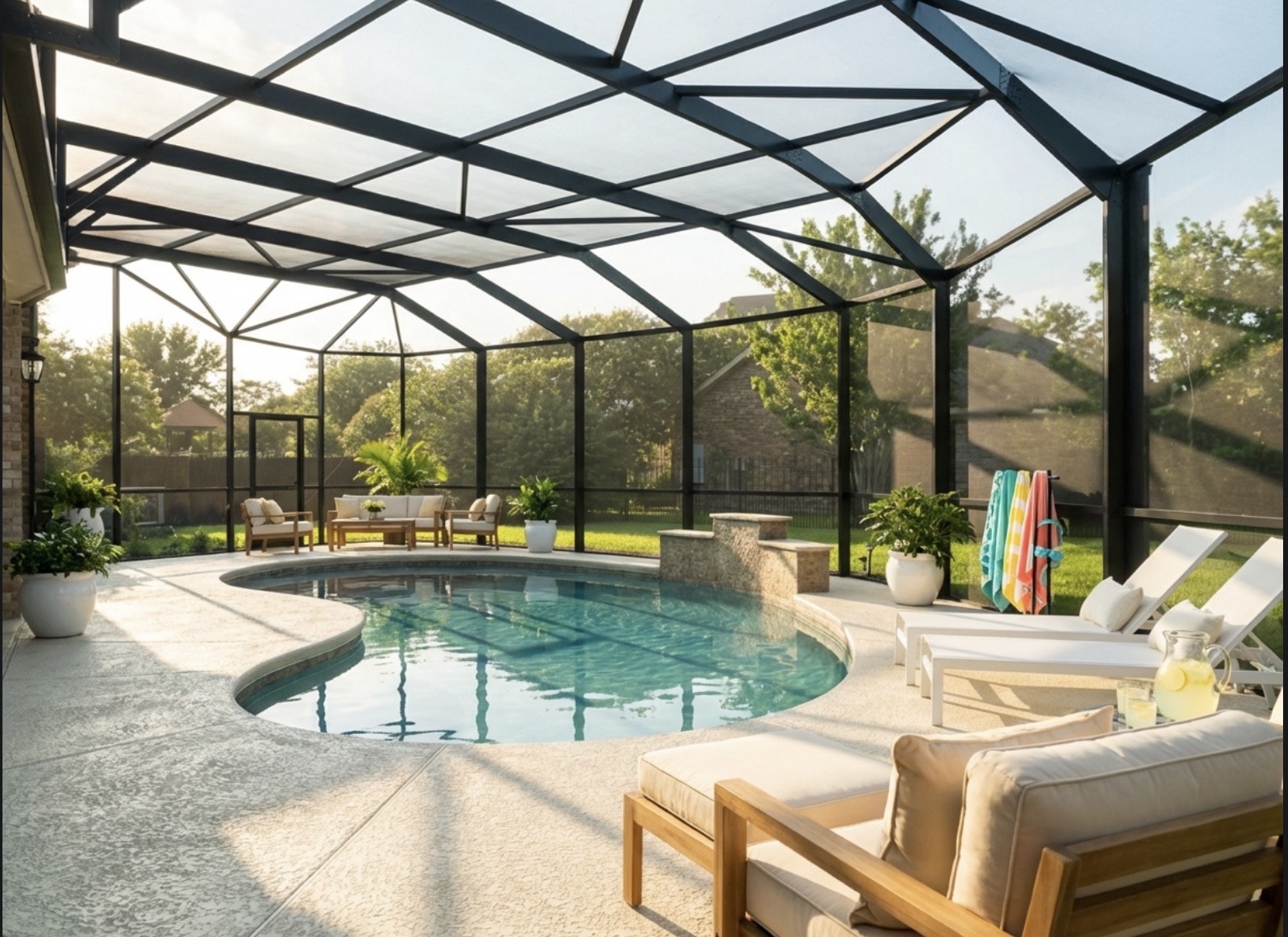 Poolside design reference with dark roof framing, seating, plants and lounge chairs