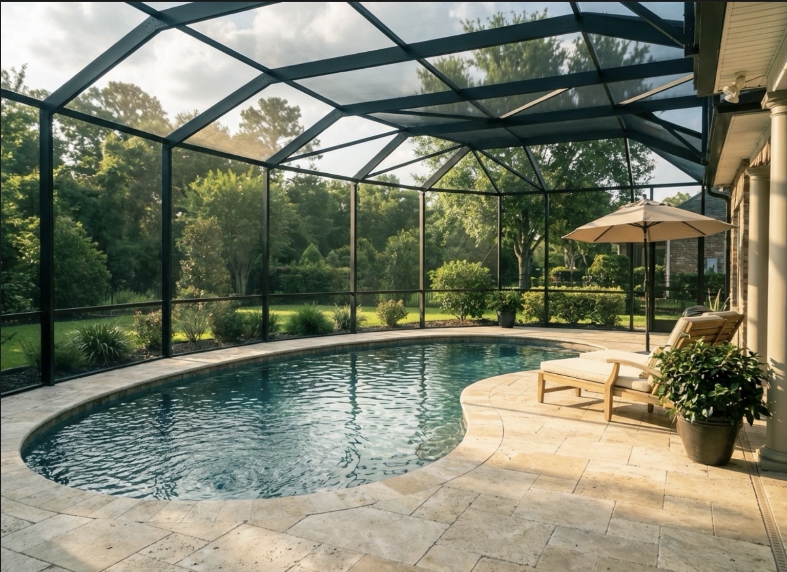 Poolside design reference with a dark aluminum enclosure, lounge chairs and greenery