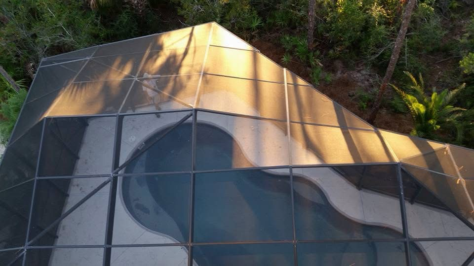 View from above of a screened enclosure and freeform swimming pool